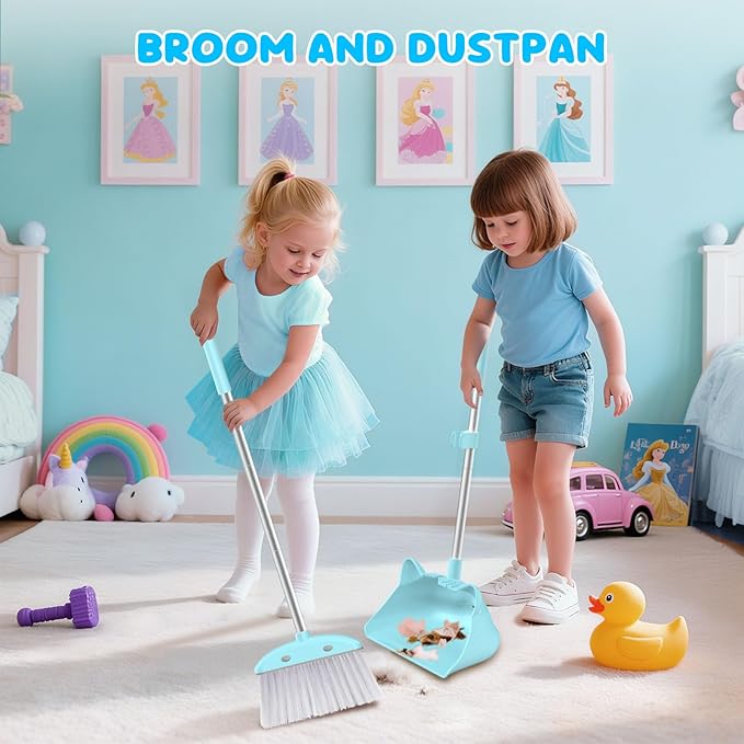 Mini Broom with Dustpan for Kids, 28-in Handle Kids Broom and Dustpan Set for Toddlers Cat-Shaped Children Broom and Cleaning Set Boys Girls Small Housekeeping Helper Set, Blue