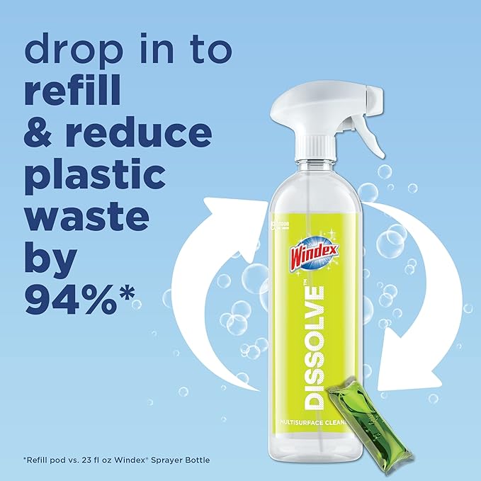 Windex Dissolve Concentrated Pods, Multisurface Cleaner Starter Kit contains 1 Reusable Bottle, 3 Concentrated Dissolvable Pods