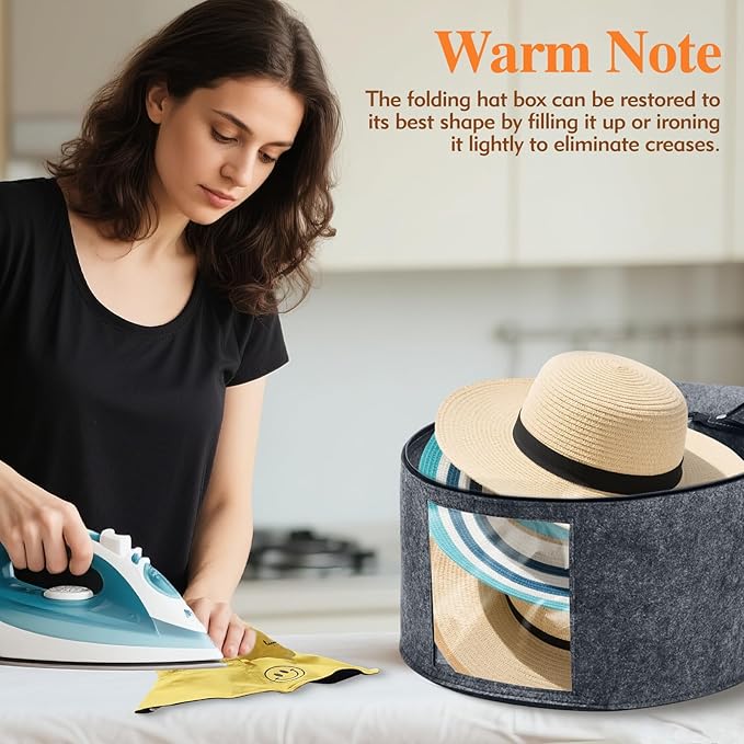 Kovpnor Round Hat Box, Stackable Felt Hat Boxes for Women Storage, Foldable Premium Hat Travel Case with Dustproof Lid, Space Saving Hat Organizer (Grey)
