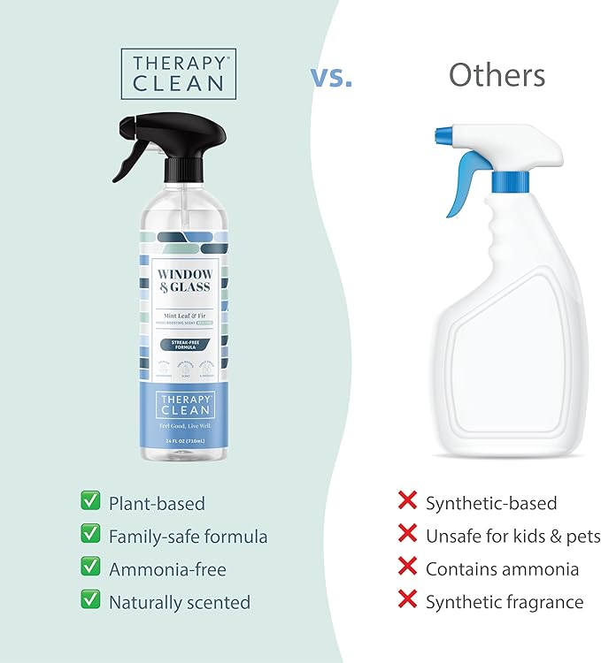 Therapy Clean Window & Glass Cleaner 24 oz. (3-Pack) – Streak-Free, Ammonia-Free Mirror, Shower & Car Window Cleaner Spray for Indoor & Outdoor Use – Natural Vinegar Formula