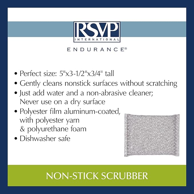 RSVP International Kitchen Cleaning Collection Gentle Scrubbing Sponge for Non-Stick Cookware, Porcelain & Glass, Dishwasher Safe, 5x3.5, Silver (Pack of 4)