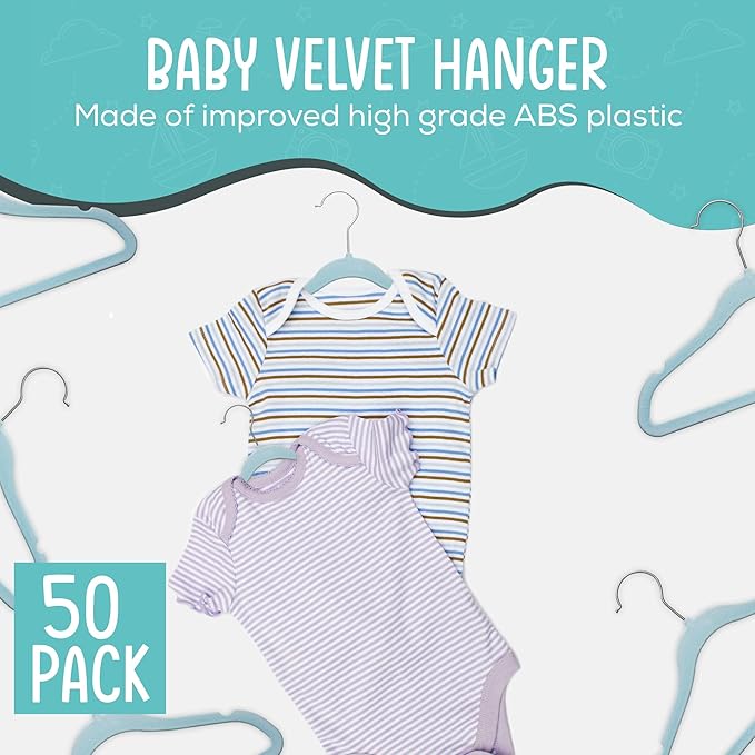 TechZoo 50 Pack Premium Baby Velvet Hangers (Blue) - 11.8" Inches Non-Slip, Ultra-Slim & Space-Saving Toddler Hangers - 360° Rotating Hook, Strong & Durable Hanger for Children, Infant & Toddler
