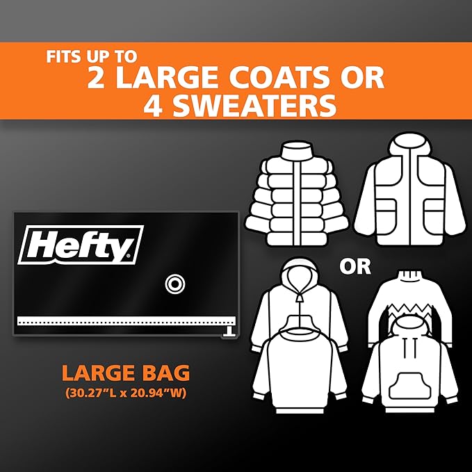 Hefty MAX Shrink-Pak Vacuum Seal Storage Bags for Clothing, Travel, Bedding | Tear & Water Resistant, Dual-Valve Space Saver Compression Bags - Large, 4-Pack