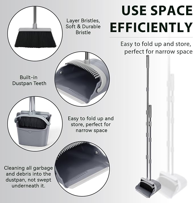 YZO Broom with Dustpan Combo Set, 54.33 Inch Long Handle Standing Design, Dustpan Front Rubber Tight Seal, Broom with 5 Layer Bristles, Suitable for Bedroom, Yard, Office and Apartment(Gray&Black)