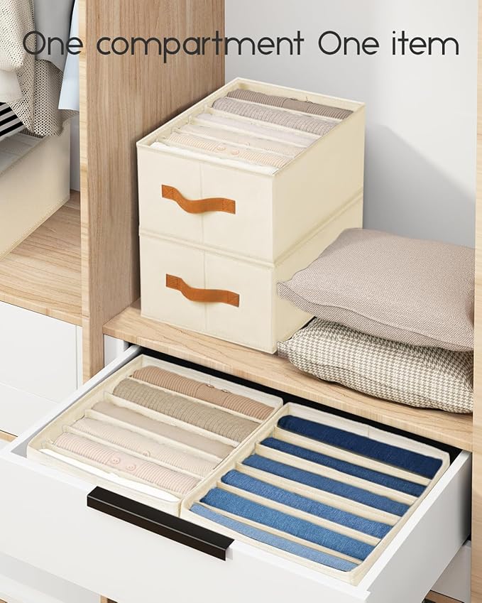 Homsorout Closet Organizers and Storage - Fabric Clothes Organizer with Handles, Foldable Jeans Organizer for Clothes, Drawer Organizer for Shirts, Bra, Sweater, Scarf, 4 Pack, Beige