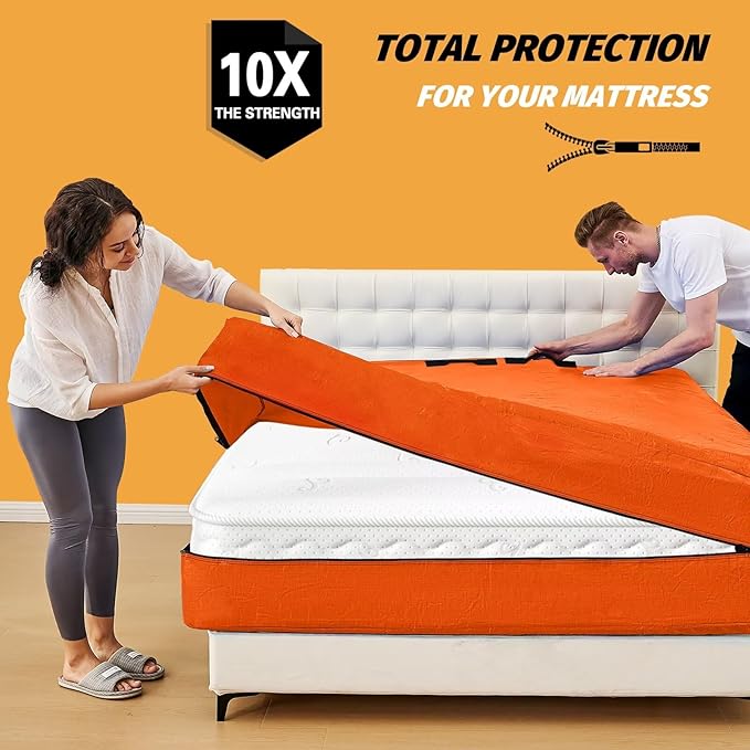 Mattress Bags for Moving, BETU Mattress Protector Waterproof Mattress Cover Queen Size Storage Bags with 8 Heavy-Duty Handles and Zipper for Bed Extra Thick Large Reusable (82"x62"x15" Orange)