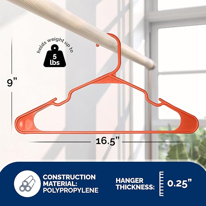 Closetselect Plastic Hangers 50 Pack - Space Saving Clothes Hangers, Made in USA, Durable & Strong Plastic Shirt & Coat Hanger with Notches & Shoulder Grooves, Non-Slip Hangers | Bright Orange