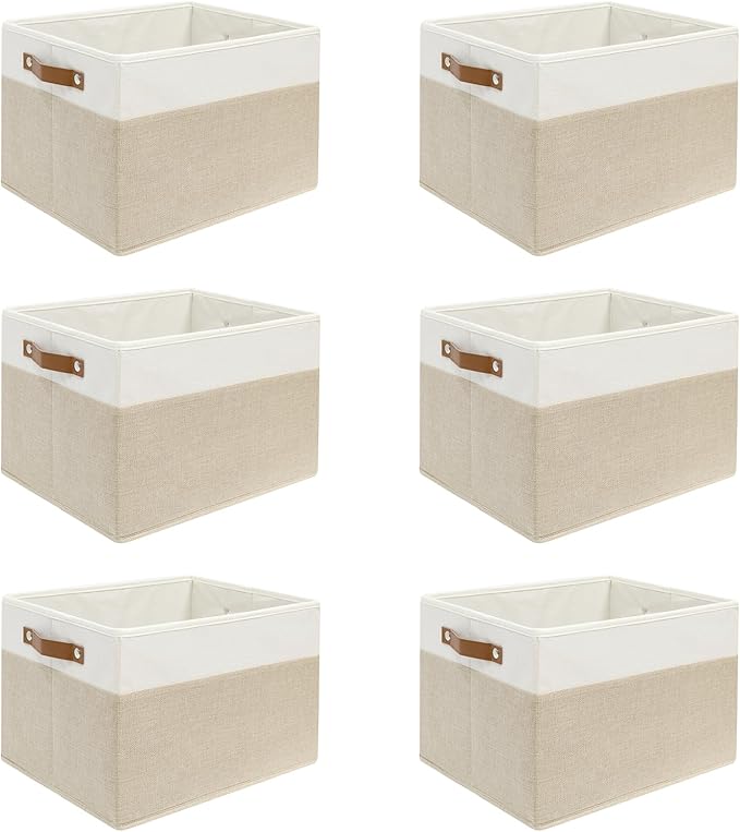 6 Pack Fabric Storage Baskets for Shelves, Closet Storage Bins for Shelves, Fabric Baskets for Organizing with Handles for Home and Office (White with Beige,15"L*10.2"W*9"H)