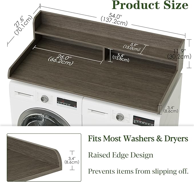 2-Tier Washer Dryer Countertop, Laundry Room Organization and Storage, 27.6" x 54" Wood Laundry Countertop for Washer and Dryer, Gray