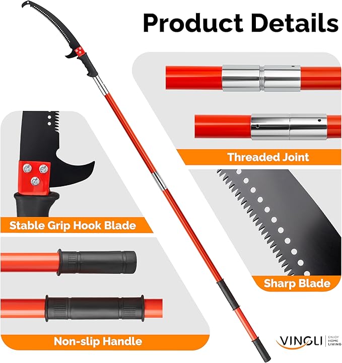 VINGLI 30ft Manual Pole Saws for Tree Trimming, Extendable Tree Trimmers Long Handle Pruner, Sharp Steel Blade and Scissors with Lightweight 9 Fiberglass Handles for Pruning Palms and Shrubs