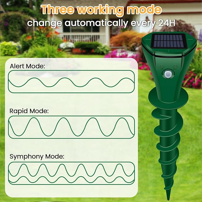 Solar Mole Repellent Ultrasonic, Vole Repeller with 3 Modes & IP65 Waterproof, Gopher & Snake Repellent for Lawn Garden Farm, 5000 SqFt Coverage for Moles Gophers Voles Snakes Groundhogs, 2 Pack