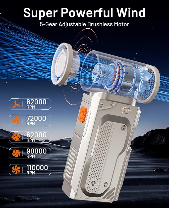 F91 Super Power Cordless Air Duster-110000RPM Electric Air Duster,5-Gear Adjustable Compressed air Duster,Rechargeable Brushless Motor Durable Blower for Computer, House and Car