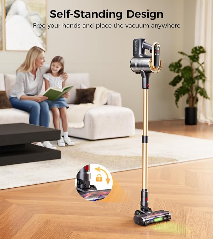 RENDOW Cordless Vacuum Cleaner, 550W 45Kpa 65Mins Vacuum Cleaners for Home, Self-Standing Cordless Stick Vacuum with LED Display,Anti-Tangle Rechargeable Wireless Vacuum for Pet Hair/Carpet/Hard Floor
