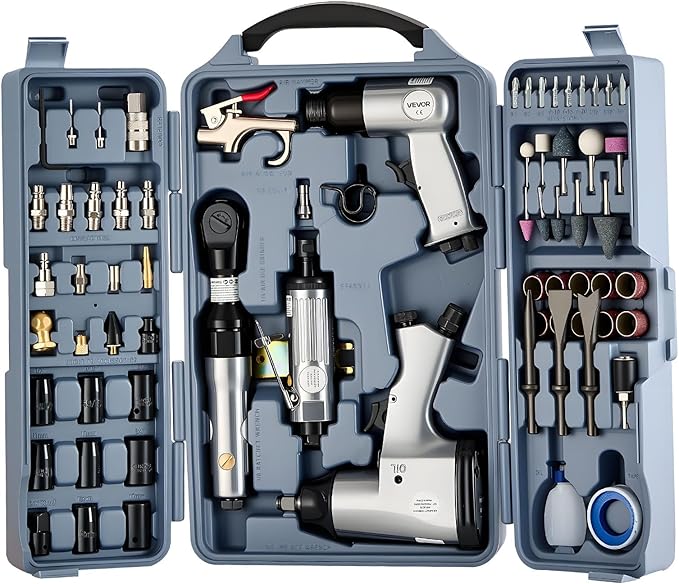 VEVOR 71 Pieces Pro Air Tool and Accessories Kit - 1/2" Air Impact Wrench, 3/8" Ratchet Wrench, 1/2" Die Grinder, 4500BPM Hammer, Blow Gun for Auto Repair, Home DIY Project - Storage Case Included