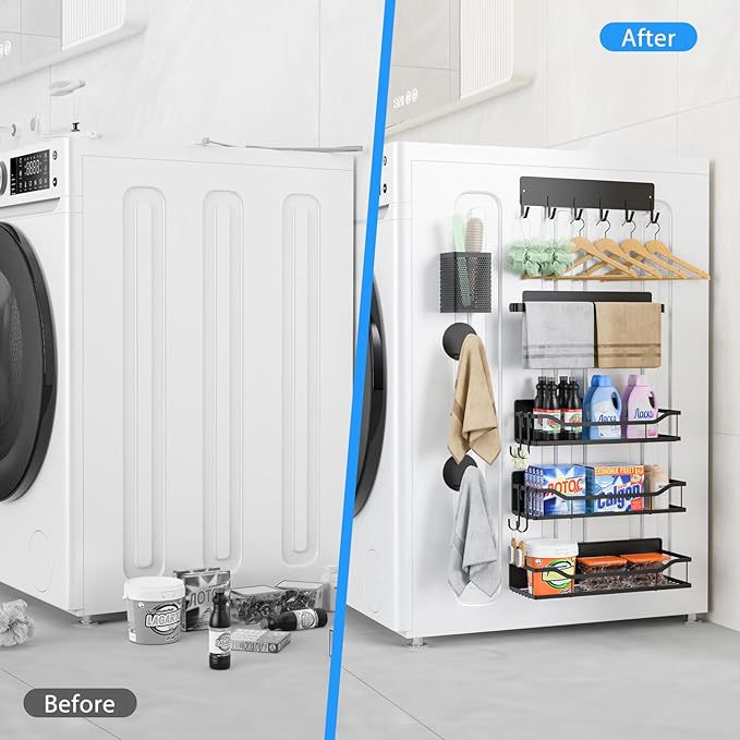 Multifunctional Magnetic Shelf for Washing Machine, Refrigerator, Microwave, and Any Metal Surface, Powerful Magnetic Shelves Include Magnetic Paper Towel Holder, Unique Hollow Design (8 pcs - Black)