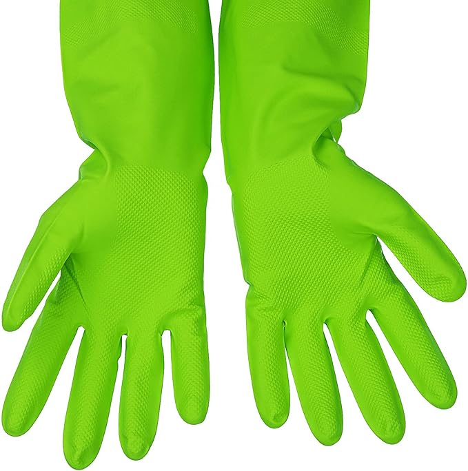 3 Pairs Rubber Cleaning Gloves Latex Free Dishwashing Gloves - 13" Reusable Nitrile Gloves Small, Green+Pink+Orange
