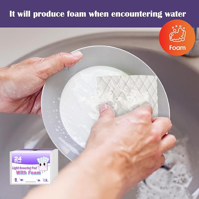 24 Pack Light Scouring Pad with Foam, Triple Cleaning Scrub Pad Singles Heavy Duty Household Non-Scratch Abrasive Hand Pad Multi Surface Magic Sponge Eraser Sheets for Home Surfaces Indoor Cleaning