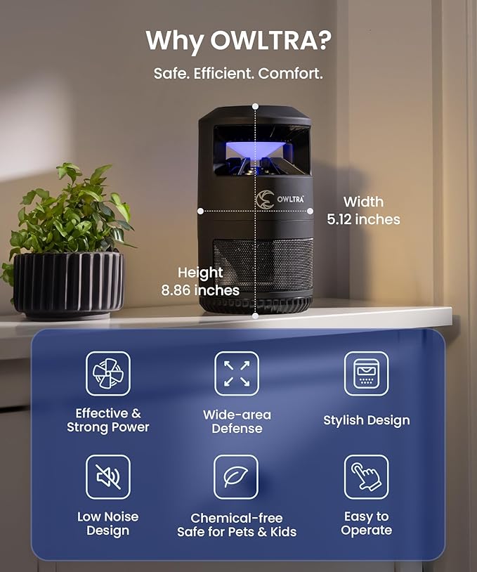 OWLTRA IMT-L60 Indoor Electric Insect Trap, Catcher & Killer Lamp for Fruit Flies, Mosquitos, Moths, Gnats, and More with UV Light Attraction and Fan Suction, Black