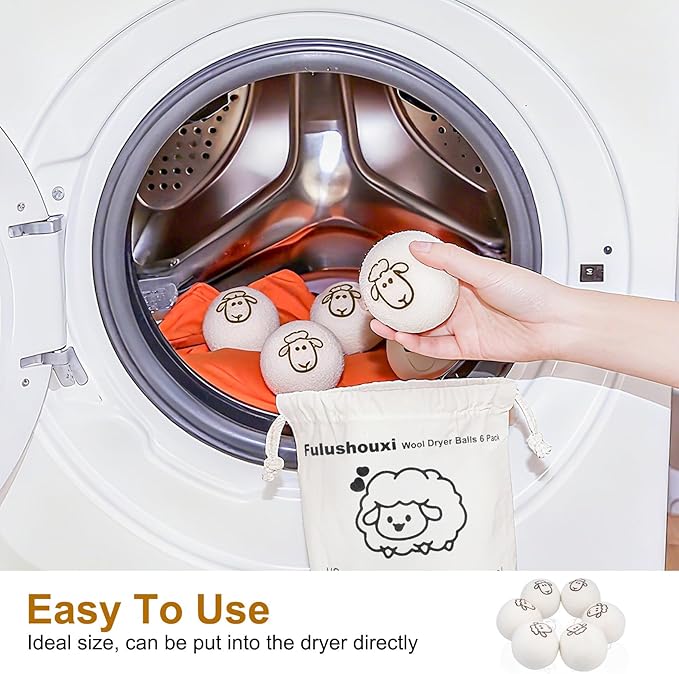 6 Pcs Wool Dryer Balls, Reusable New Zealand Natural Fabric Softener & Static Reducer Wool Laundry Balls for Dryer to Reduce Wrinkles & Shorten Drying Time, for Pet Hair & Laundry, with Storage Bag
