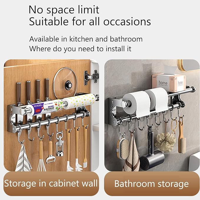 Hanging Wall Mount knife Wall Mount, Space-Saving Knife Rack with Hooks, Kitchen Organizer Storage Shelf for Utensils Spatula Spoon, Kitchen Utensil Hanger (Black, 40CM+8Hooks)