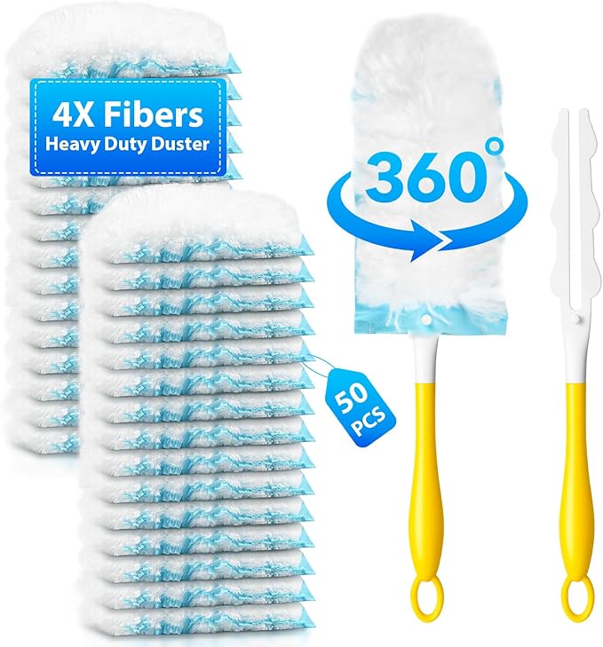 50 Count Disposable Duster Refills for Swiffer Dusters with 1 Handle - 360° Multi-Surface Larger Size Feather Dusters, Dusting Kit for Cleaning Home, Furniture, Blinds and Ceiling Fans