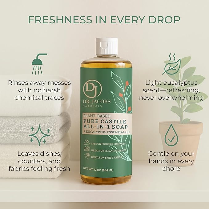 Dr. Jacobs Naturals Eucalyptus Castile All-in-One Cleaner and Soap - Plant-Based Formula for House Cleaning Floors and Appliances - Gentle on Skin and the Planet - 32 oz, 1 Pack
