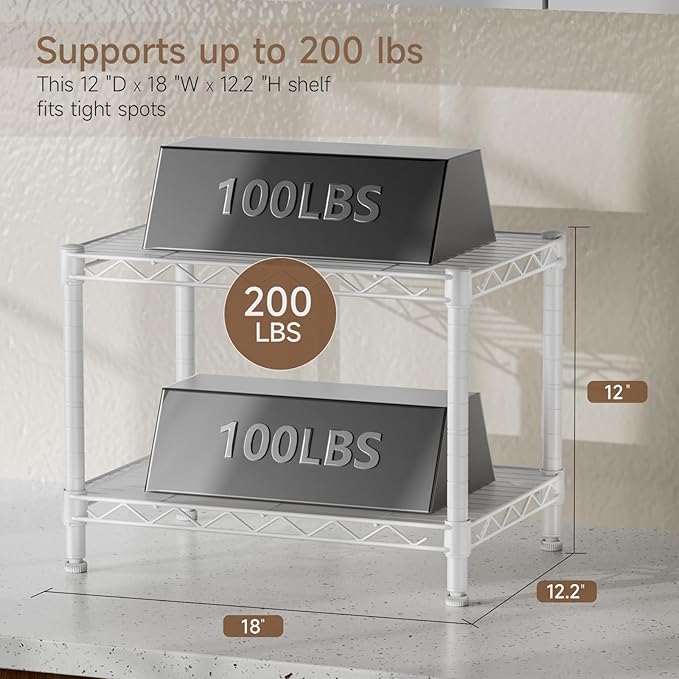 Golpart Small 2 Tier Shelves Storage Wire Shelving Unit Metal Shelf Adjustable Organizers Storage Shelving for Bathroom Laundry Room Kitchen Pantry12”D x 18”W x 12.2”H White