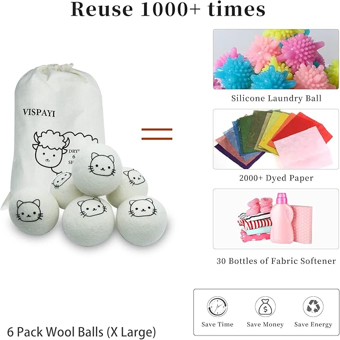 Dryer Balls Laundry Reusable, XL Wool Dryer Balls Cute Cat Face 6 Pack, Fabric Softener Ball, Extra Large Dryer Balls with Cat Pattern, Shorten Drying Time, Organic Wool - Dry 1000+ Loads