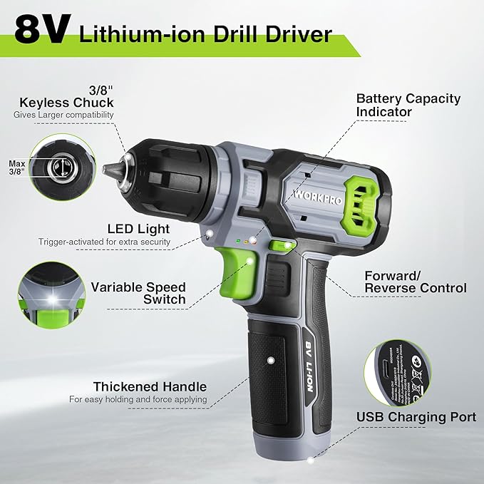 WORKPRO Cordless Power Drill Set, 8V Cordless Drill Driver Set with 53pcs Bits, 2.0Ah Electric Tool Kit with 3/8" Keyless Chuck and Variable Speed Trigger, Portable for Home Improvement, DIY