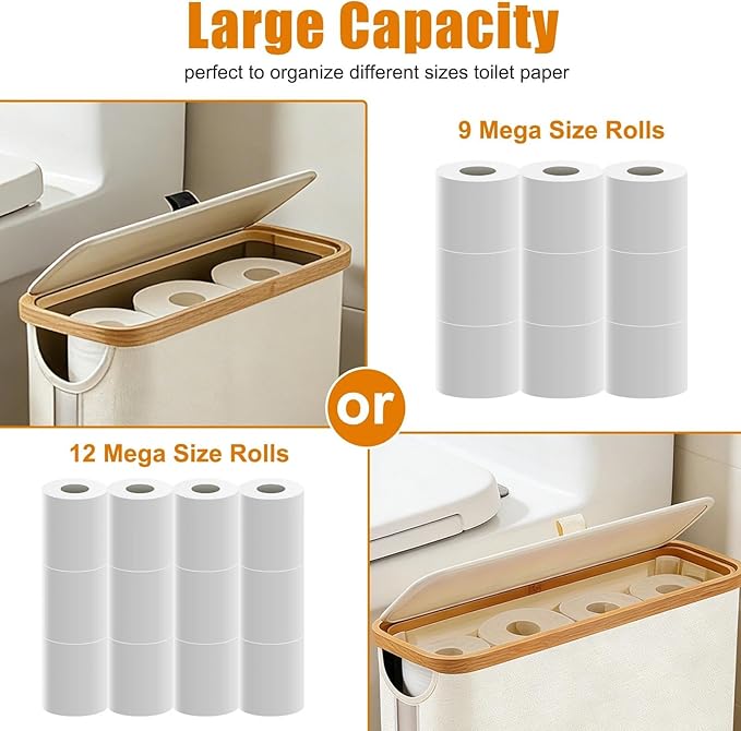 Toilet Paper Roll Storage, Bathroom Slim Toilet Paper Storage with Lid for 12 Rolls, Ultimate Bathroom Organizer with Anti-Slip Base, 17.8" x 6" x 13.8", Grey