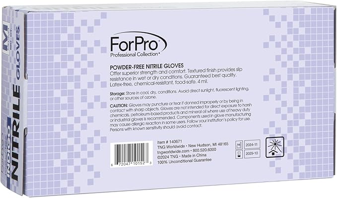 ForPro Disposable Nitrile Gloves, Chemical Resistant, Powder-Free, Latex-Free, Non-Sterile, Food Safe, 4 Mil