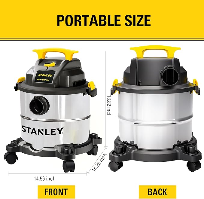 STANLEY Wet/Dry Vacuum SL18115, Stainless Steel Tank, 5 Gallon 4HP Shop Vacuum, Portable Style Ideal for Home/Shop/Jobsite Dust Collection Job with Vacuum Attachments, Silver+Yellow