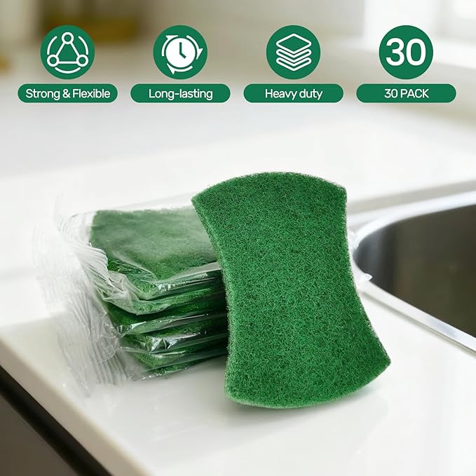 Heavy Duty Scouring Pads, 30 Pcs Individually Wrapped Dish Scrubber Pads for Household Kitchen Pots Pans Metal Grill (3.9 x 3.1 x 0.3 in)