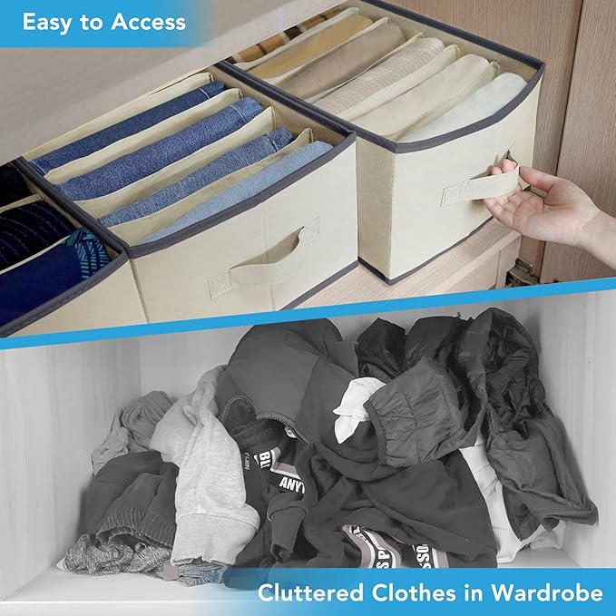 6 Pcs Large Size Wardrobe Clothes Organizers 6 Grids for Pants, Jeans, Sweater, T-shirt, Thin Coat, Dress Stackable Closet Drawer Organizer Storage Bin Container with Sturdy Handles, Beige