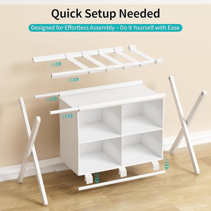 Folding Luggage Rack, 2-Pack White Bamboo Suitcase Stands with 4 Storage Compartments , Sturdy Luggage Holders for Guest Room, Bedroom, Hotel