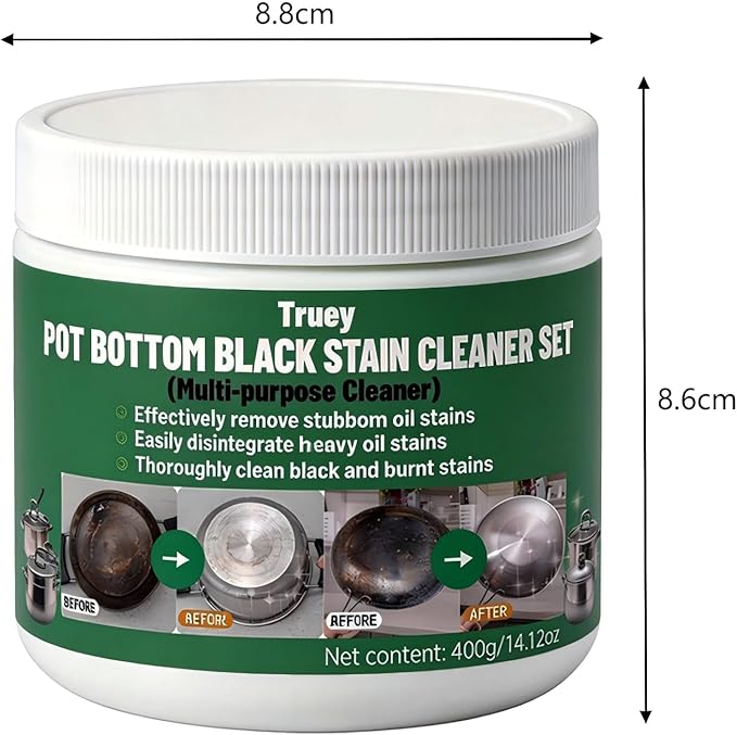 Truey Pot Bottom Black Stain Cleaner Set, Stainless Steel Cleaning & Polishing,Powerful Kitchenware Cleaner, Cooktop Pot Cleaner Effortless for Burned Cookware,Multi-purpose Oil Stain Remover (400g)