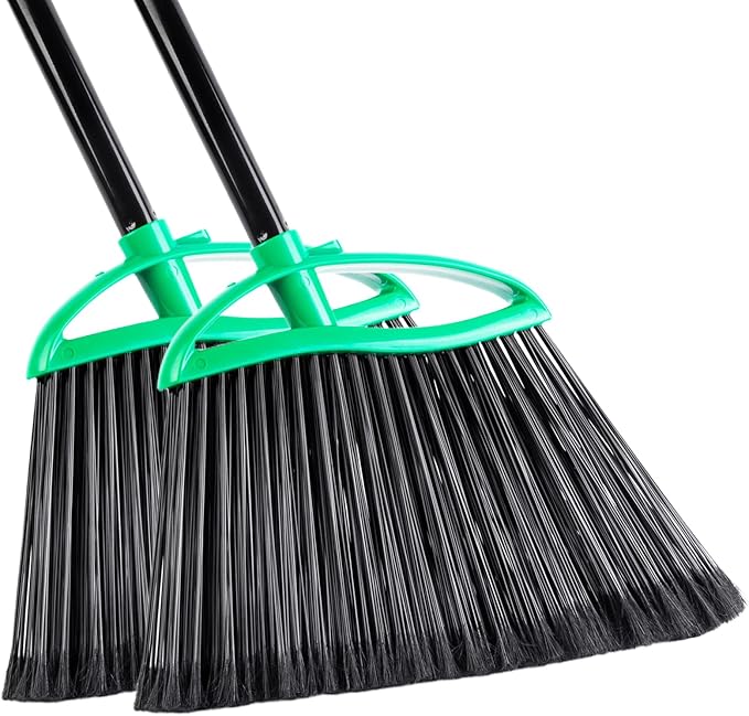 2 Pack Heavy Duty Brooms, 55" Long Handle Indoor Outdoor Angle Broom Set, Household Commercial Floor Cleaning, for Sweeping Home, Kitchen, Deck, Garage, Patio - Green