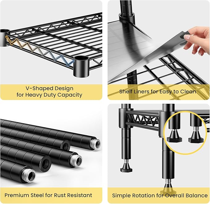 72" H Storage Shelves 5 Tier Wire Shelving with Shelf Liners, Adjustable Metal Garage Shelving, 1325LBS Heavy Duty Commercial Storage Rack for Pantry Kitchen, 35" W x 16" D x 72" H, Black