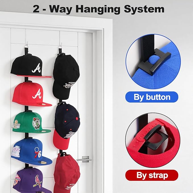 Aoodaily Hat Rack for Door - Two-Way Hanging Caps with Display Hooks and Hanger, Hat Organizer for Baseball Caps, Over the Door Hat Storage Organizer for Bedroom, Entrance or Garage Doors - 1 Pack