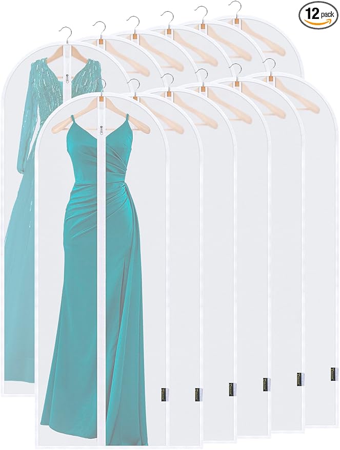 BALEINE 60'' Translucent Garment Bags, 12 Packs PEVA Dress Bag for Closet Clothes Dresses Suit Coats Storage (White, 12PK)
