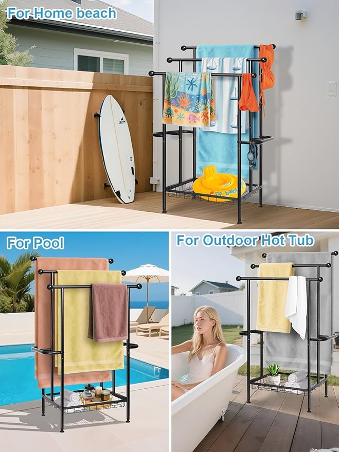 Haturi Free Standing Towel Rack for Bathroom, 3-Tier 39" H Black Metal Towel Drying Rack with Storage Basket, 24.4" L x 13" W x 39" H Rust-Resistant Outdoor Holder for Pool & Oversized Towels