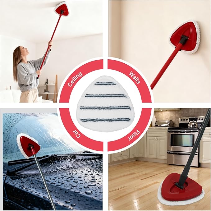 Triangule Flat Mop Replacement Pads, Spin Mop Pad Replacement, 5 Pack Mop Refill Pads, 1 Mop Base and 1 Scraper for Cleaning Floor, Wall, Ceiling, Easy to Replace