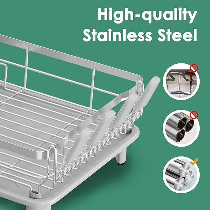 MOUKABAL Dish Drying Rack, Dish Rack, Stainless Steel Dish Racks for Kitchen Counter, Dish Drainer with Removable Utensil Holder, Drainboard (Grey,Stainless Steel,13''W x 17''L)