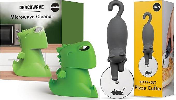 OTOTO Bundle of 2 Dracowave Dragon Microwave Cleaner + Kitty Cat Pizza Cutter, Cute Kitchen Gadgets, Cute Gifts