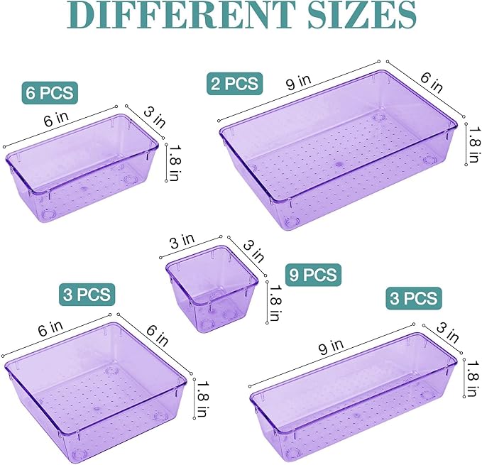 StorMiracle 23 PCS Drawer Organizer Set, 5 Varied Size Bathroom and kitchen Drawer cabinet organizer Trays, Clear Storage Bins for Makeup, Jewelry, Utensils and Gadgets, Purple