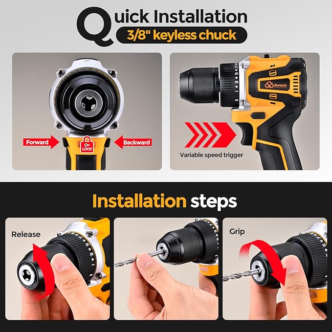 Brushless Motor Tool Kit Set: Yellow 21V Cordless Drill, Power Drill Tool Box,3/8" Keyless Chuck, 2 Variable Speeds, with Battery and Charger Included