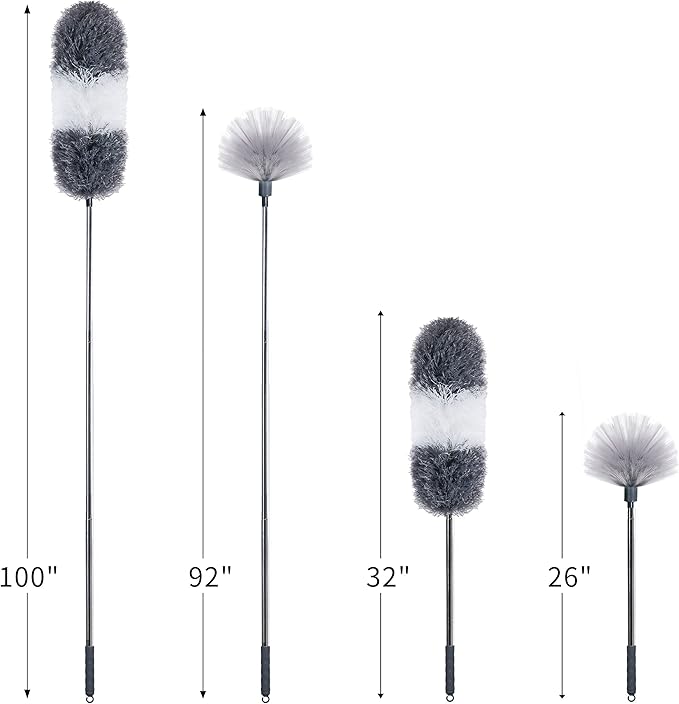 BOOMJOY Microfiber Feather and Cobweb Duster Set, Bendable Head and 100 inches Extension Pole, for High Ceiling, Fan, Blinds, Furniture