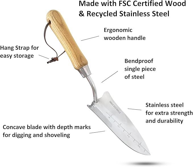 Garden Guru Eco Transplanter Trowel Shovel- 100% Recycled Stainless Steel - Rust Resistant - FSC Certified Wood Ergonomic Handle - Perfect Tool for Gardening Transplanting & Digging - 1 Case (40 Pcs)