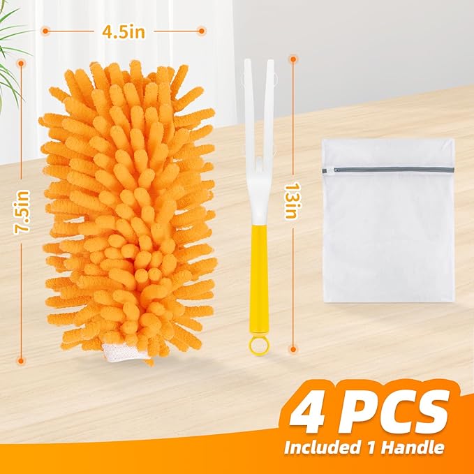 4 Pack Reusable Duster Refills Compatible with Swiffer Hand Duster, Washable Microfiber 360 Heavy Duty Dusters Refills for Dusting Cleaning(Include 1 Handle & Laundry Bag)