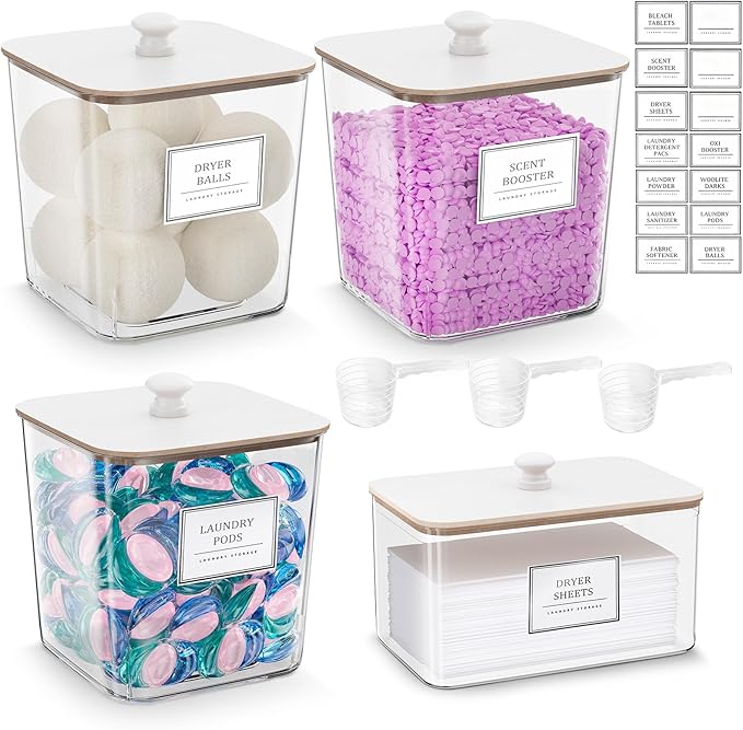 Laundry Pods Storage Container, Clear Laundry Room Organization and Storage,Detergent Powder Container,with Wooden Lids & Labels, 3+1 Pack（White）